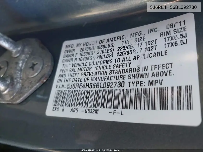 5J6RE4H56BL092730 2011 Honda Cr-V Ex