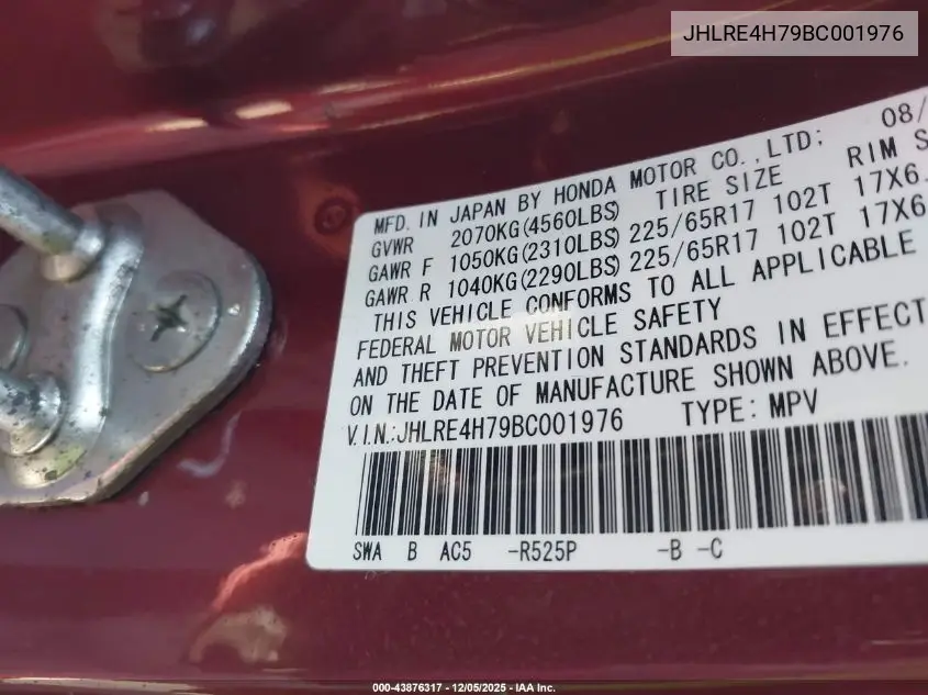 JHLRE4H79BC001976 2011 Honda Cr-V Ex-L