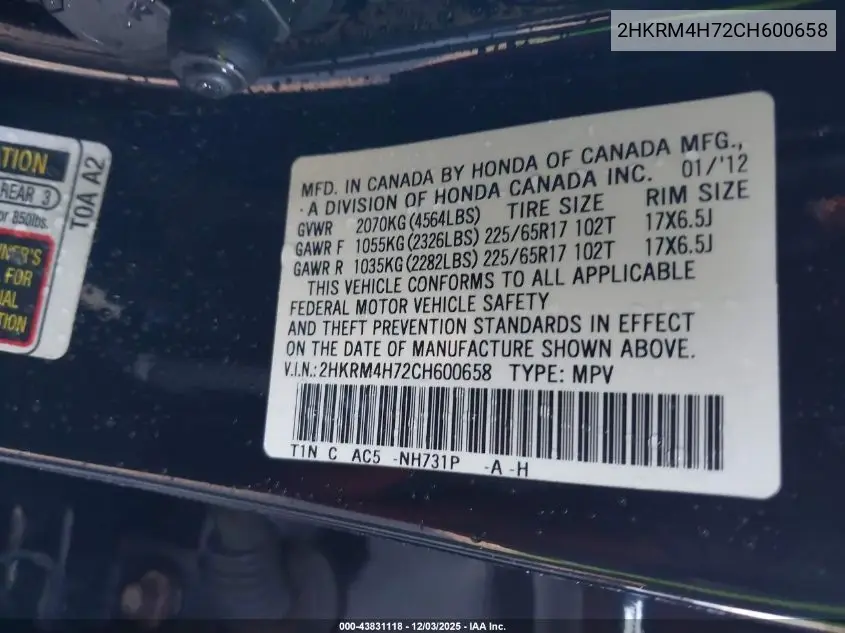 2HKRM4H72CH600658 2012 Honda Cr-V Ex-L