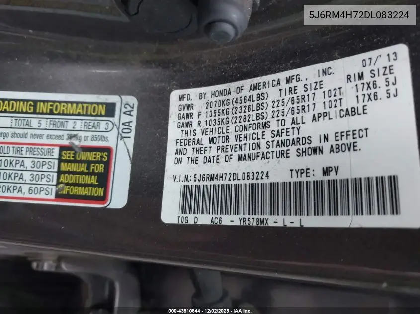5J6RM4H72DL083224 2013 Honda Cr-V Ex-L