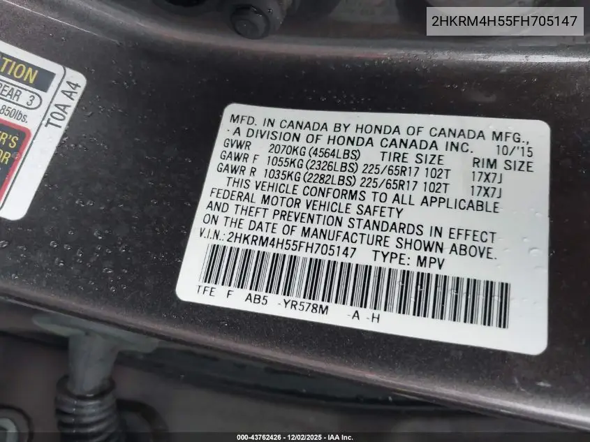 2HKRM4H55FH705147 2015 Honda Cr-V Ex