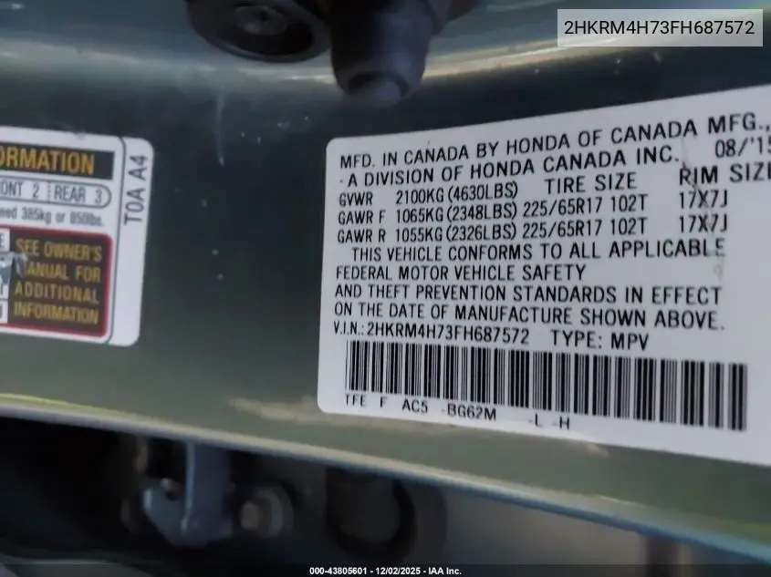 2HKRM4H73FH687572 2015 Honda Cr-V Ex-L