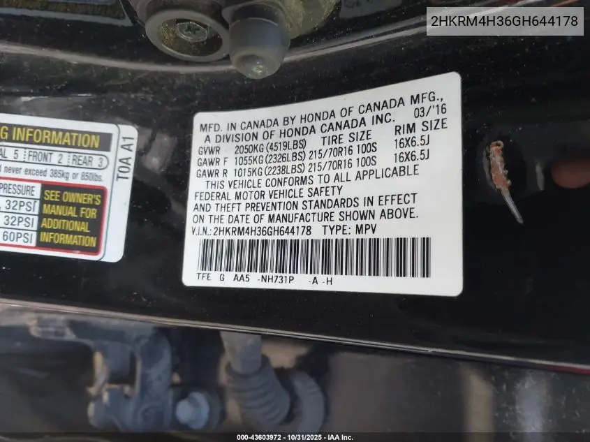 2HKRM4H36GH644178 2016 Honda Cr-V Lx