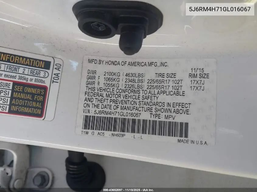 5J6RM4H71GL016067 2016 Honda Cr-V Ex-L