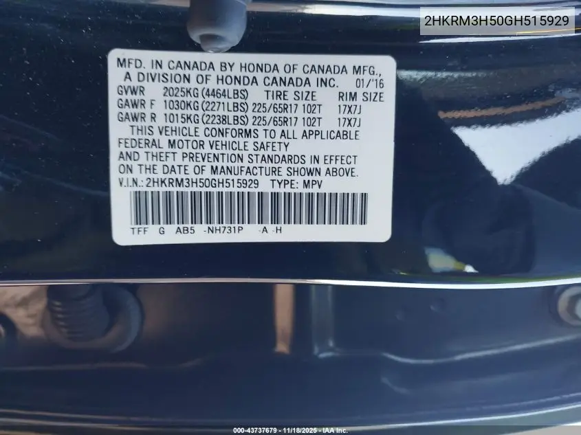 2HKRM3H50GH515929 2016 Honda Cr-V Ex