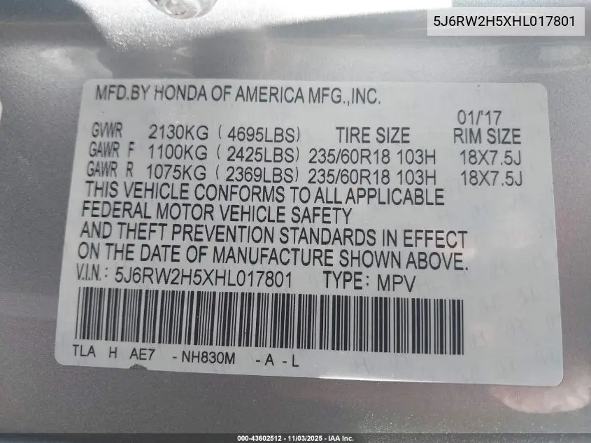 5J6RW2H5XHL017801 2017 Honda Cr-V Ex