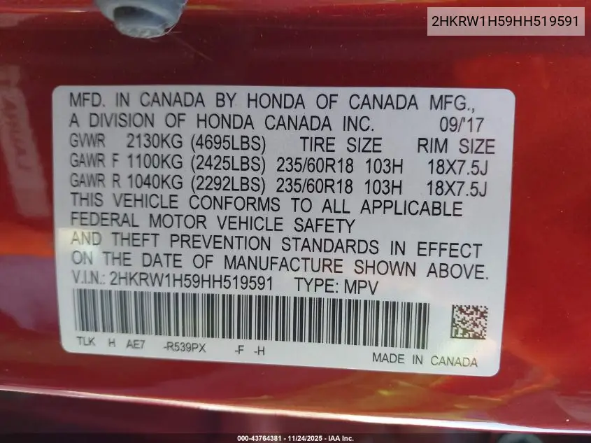 2HKRW1H59HH519591 2017 Honda Cr-V Ex