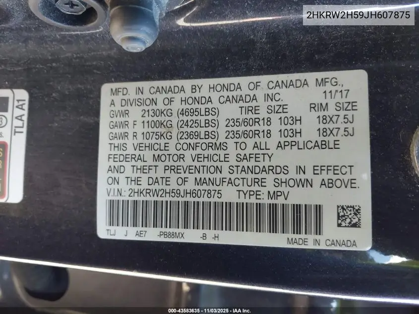 2HKRW2H59JH607875 2018 Honda Cr-V Ex