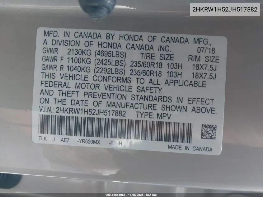 2HKRW1H52JH517882 2018 Honda Cr-V Ex