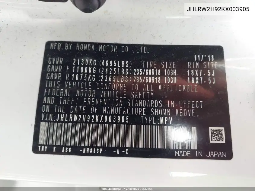 JHLRW2H92KX003905 2019 Honda Cr-V Touring