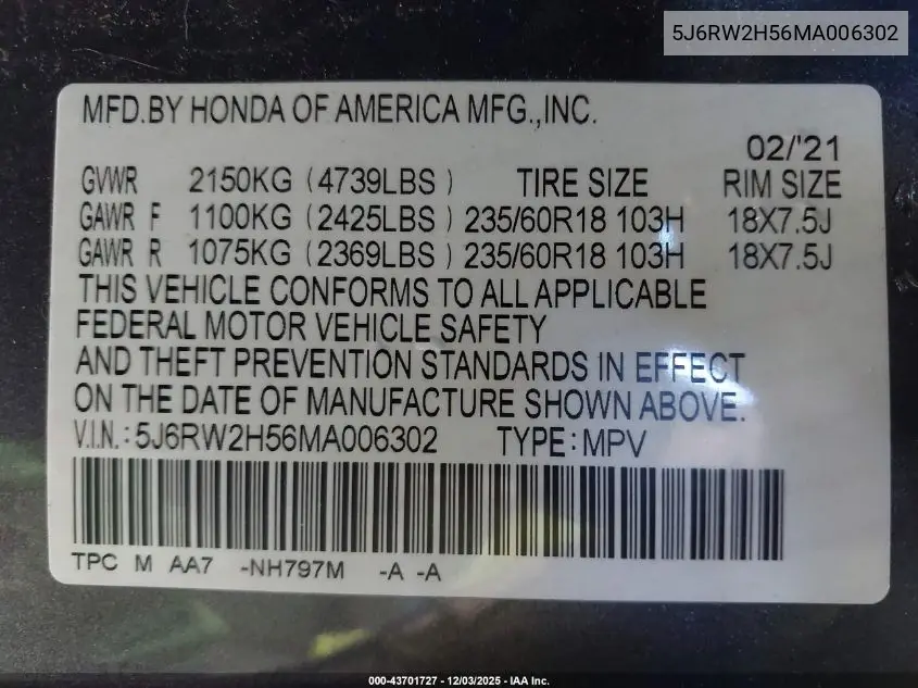 5J6RW2H56MA006302 2021 Honda Cr-V Awd Ex
