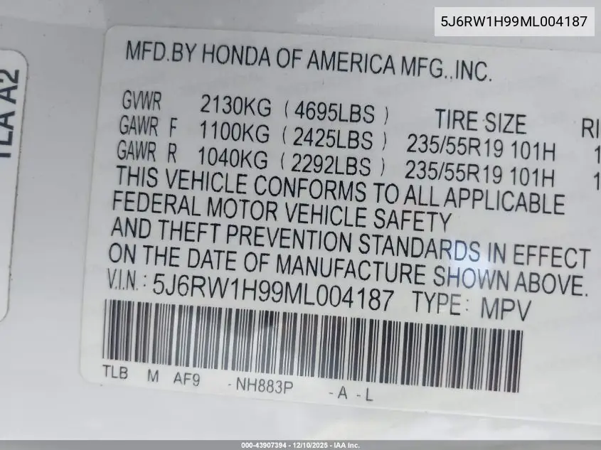 5J6RW1H99ML004187 2021 Honda Cr-V 2Wd Touring