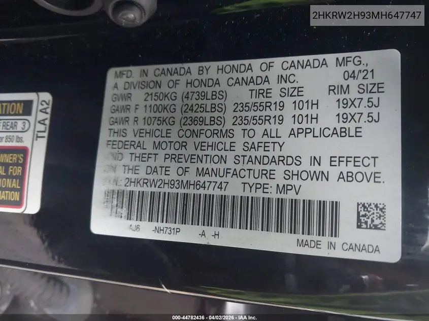 2HKRW2H93MH647747 2021 Honda Cr-V Awd Touring