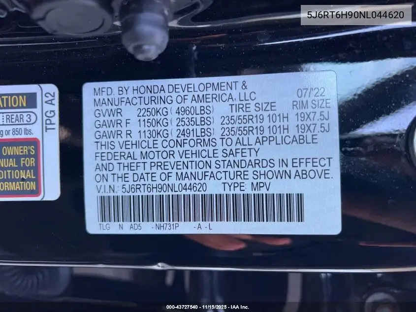 5J6RT6H90NL044620 2022 Honda Cr-V Touring