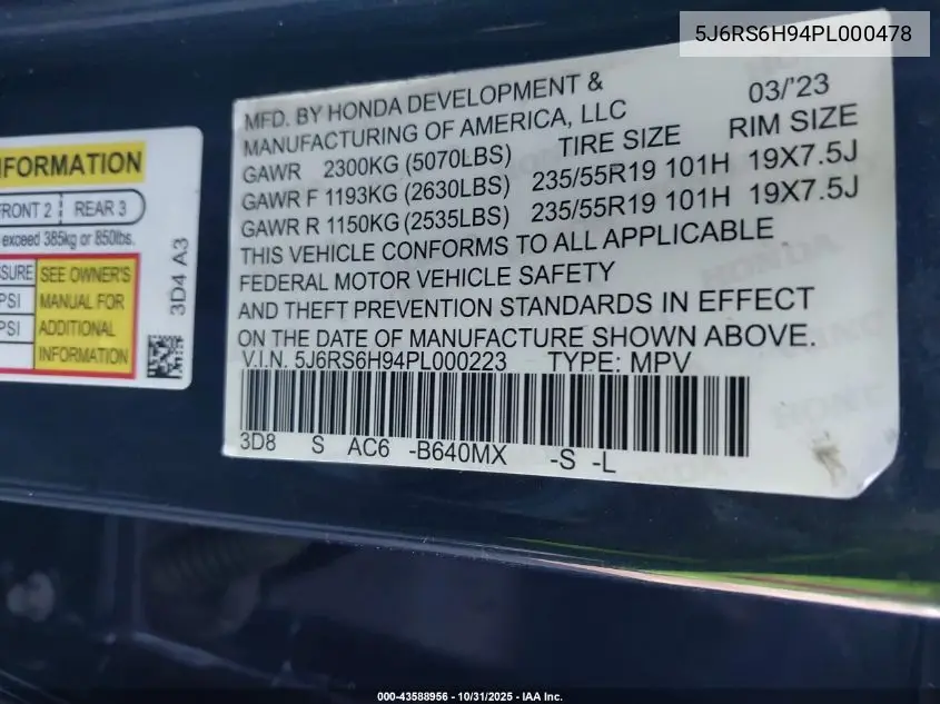 5J6RS6H94PL000478 2023 Honda Cr-V Hybrid Sport Touring