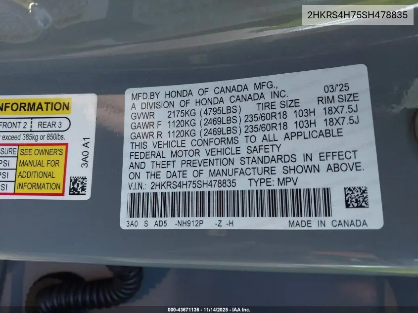 2HKRS4H75SH478835 2025 Honda Cr-V Ex-L Awd