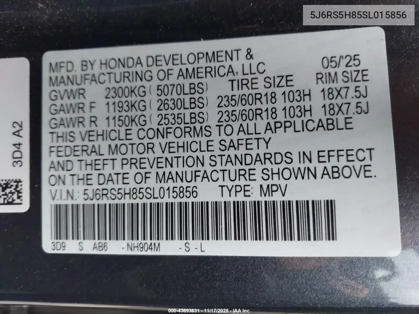5J6RS5H85SL015856 2025 Honda Cr-V Hybrid Sport-L