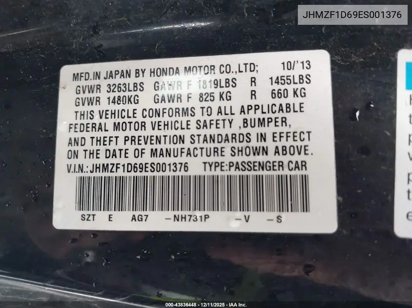 JHMZF1D69ES001376 2014 Honda Cr-Z Ex