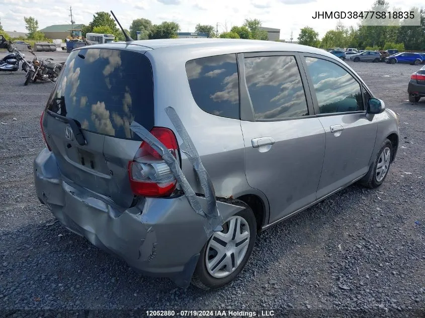 2007 Honda Fit VIN: JHMGD38477S818835 Lot: 12052880