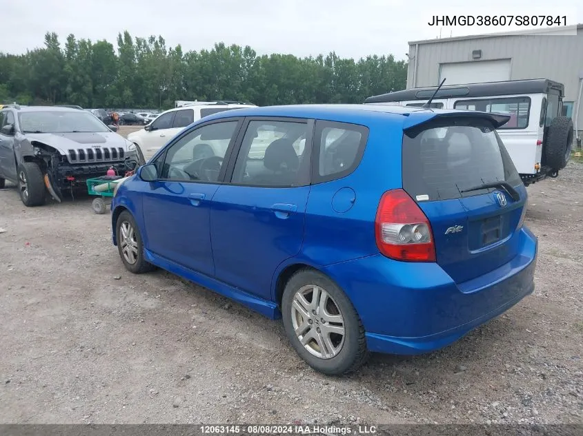 2007 Honda Fit VIN: JHMGD38607S807841 Lot: 12063145