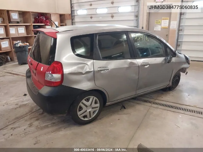 2007 Honda Fit VIN: JHMGD38477S060835 Lot: 40033416