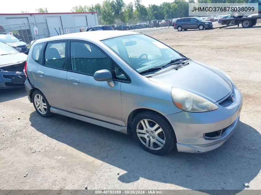 2007 Honda Fit Sport VIN: JHMGD37687S038099 Lot: 40193359