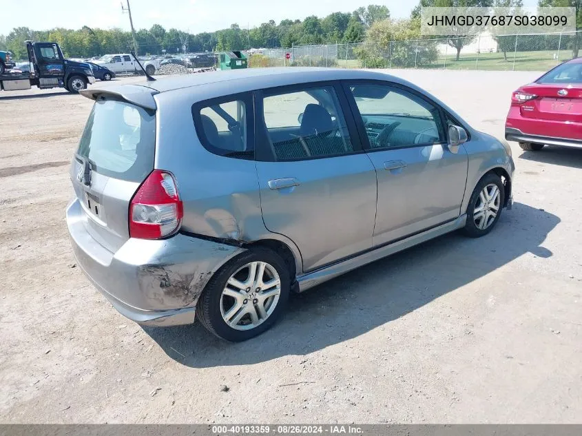 2007 Honda Fit Sport VIN: JHMGD37687S038099 Lot: 40193359