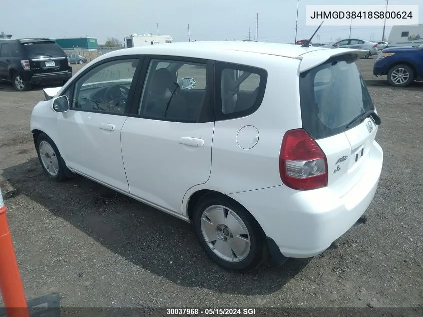 2008 Honda Fit VIN: JHMGD38418S800624 Lot: 30037968