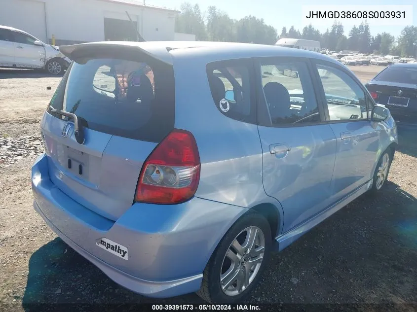 2008 Honda Fit Sport VIN: JHMGD38608S003931 Lot: 39391573