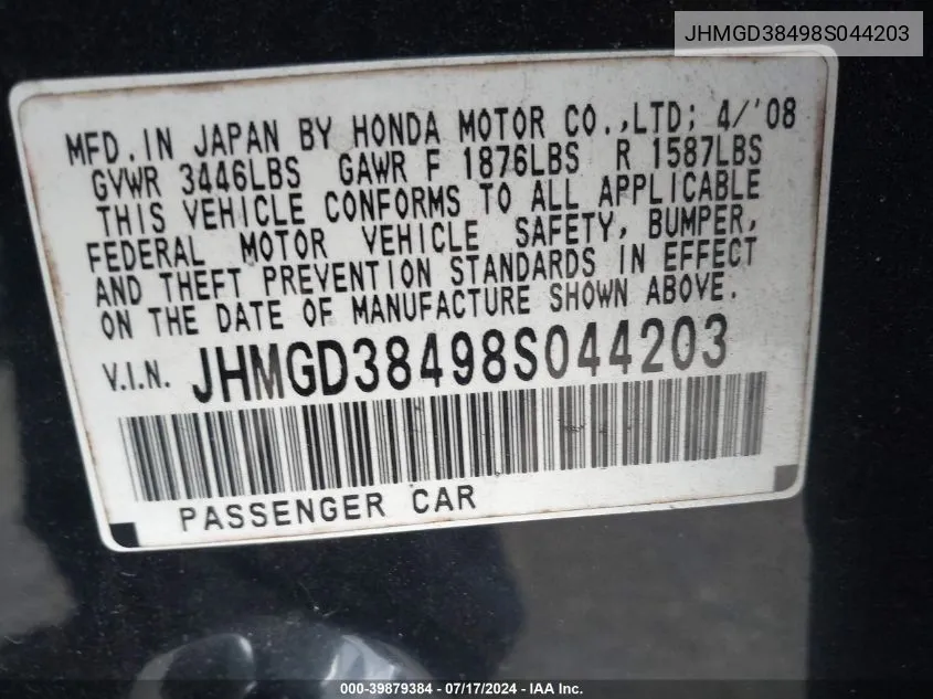 JHMGD38498S044203 2008 Honda Fit