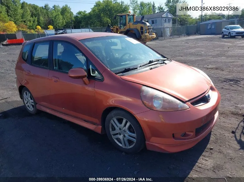 2008 Honda Fit Sport VIN: JHMGD386X8S029386 Lot: 39936924