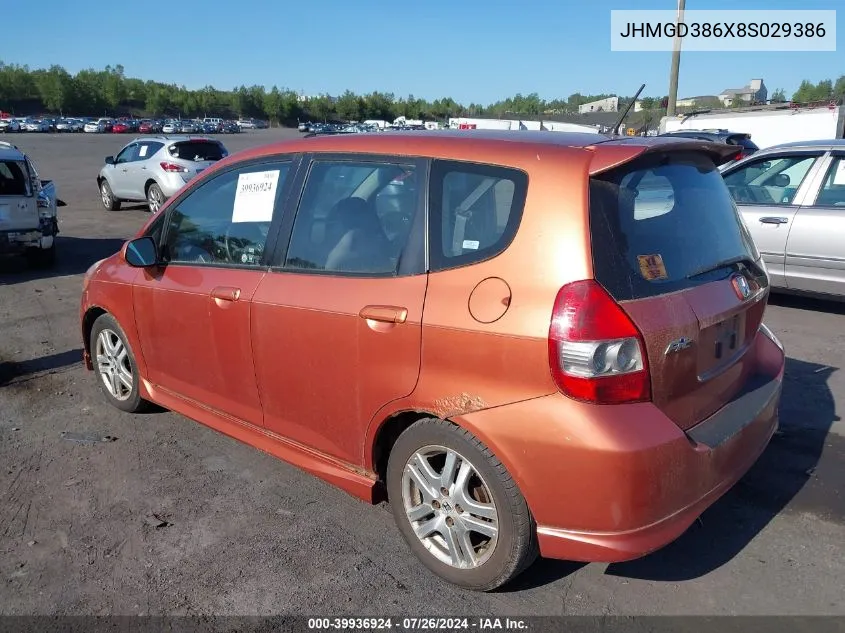 2008 Honda Fit Sport VIN: JHMGD386X8S029386 Lot: 39936924