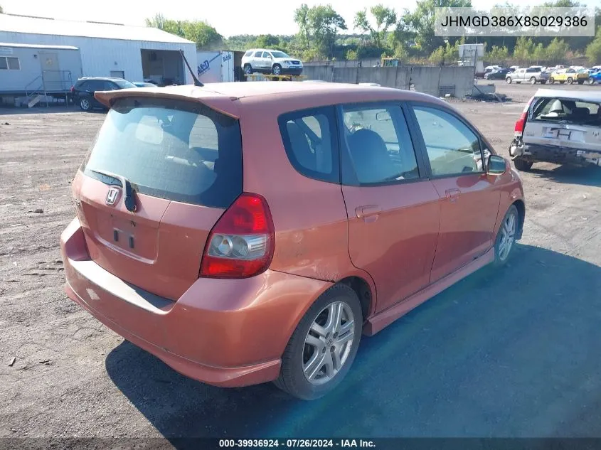 2008 Honda Fit Sport VIN: JHMGD386X8S029386 Lot: 39936924