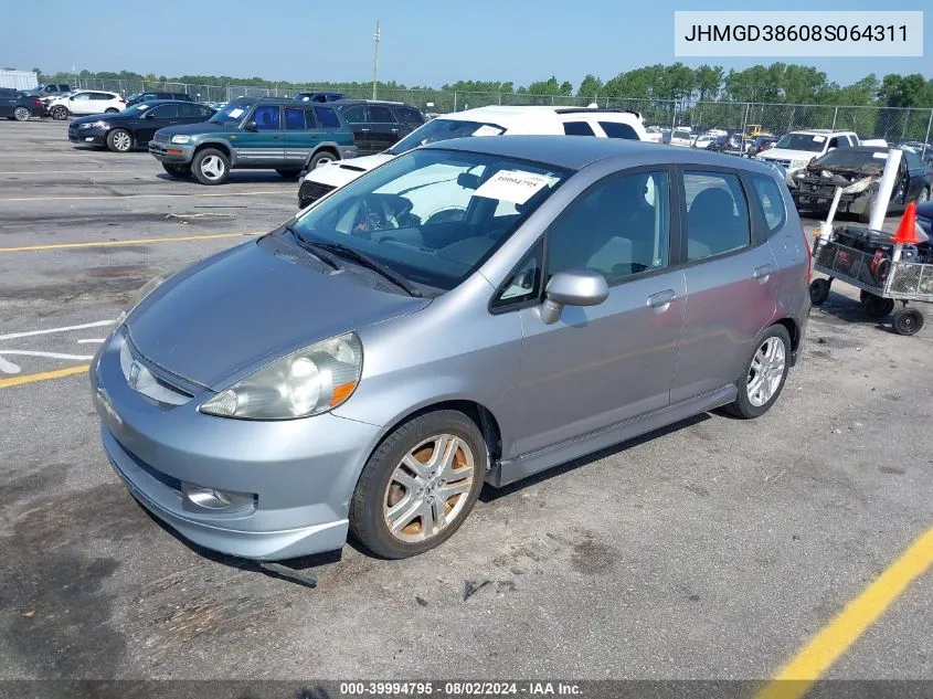 2008 Honda Fit Sport VIN: JHMGD38608S064311 Lot: 39994795