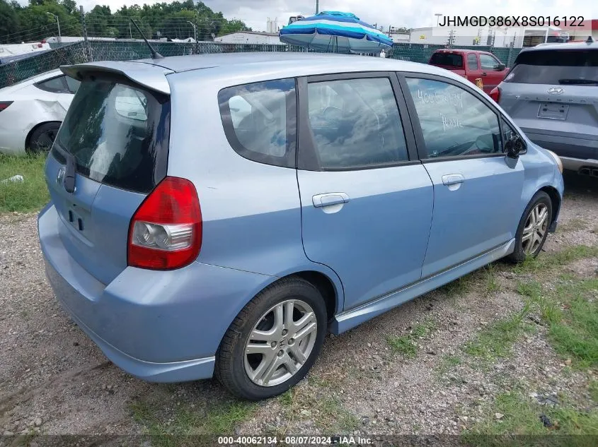 2008 Honda Fit Sport VIN: JHMGD386X8S016122 Lot: 40062134