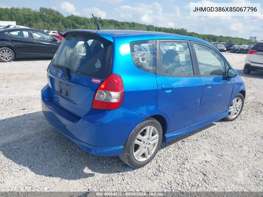 2008 Honda Fit Sport VIN: JHMGD386X8S067796 Lot: 40084012