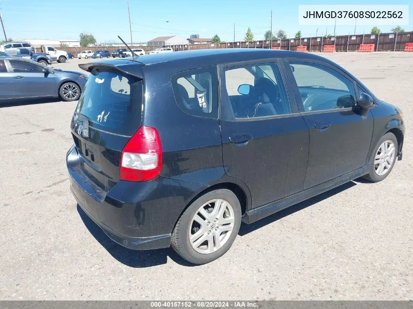 2008 Honda Fit Sport VIN: JHMGD37608S022562 Lot: 40157152