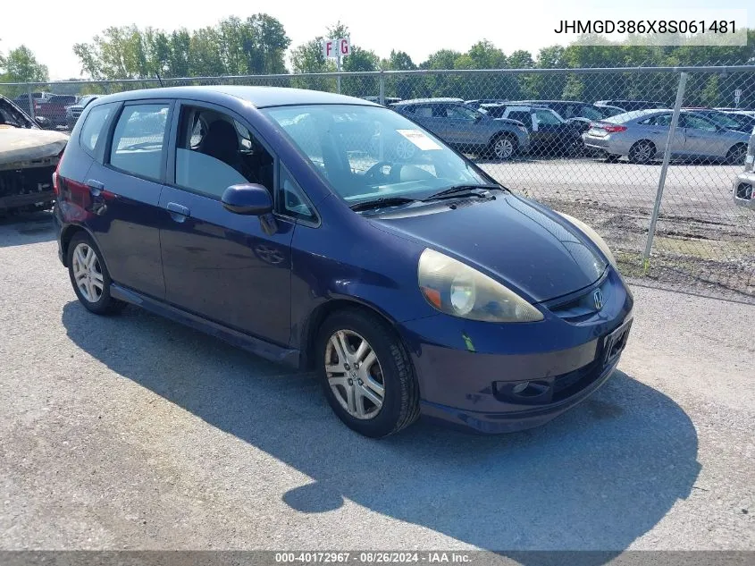 2008 Honda Fit Sport VIN: JHMGD386X8S061481 Lot: 40172967