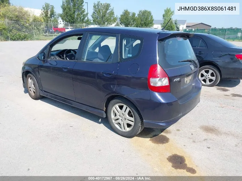 2008 Honda Fit Sport VIN: JHMGD386X8S061481 Lot: 40172967