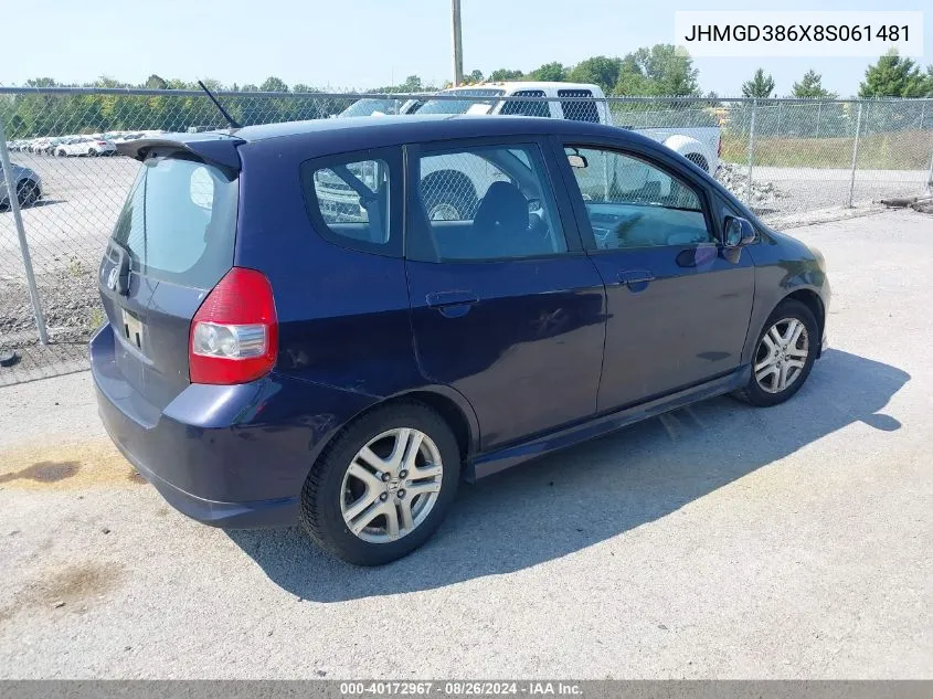 2008 Honda Fit Sport VIN: JHMGD386X8S061481 Lot: 40172967