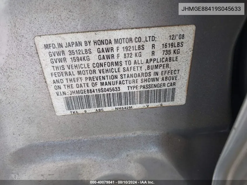 JHMGE88419S045633 2009 Honda Fit Sport