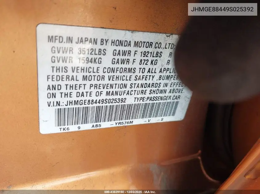 JHMGE88449S025392 2009 Honda Fit Sport