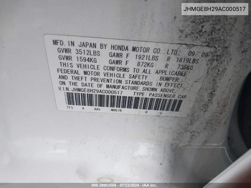 JHMGE8H29AC000517 2010 Honda Fit