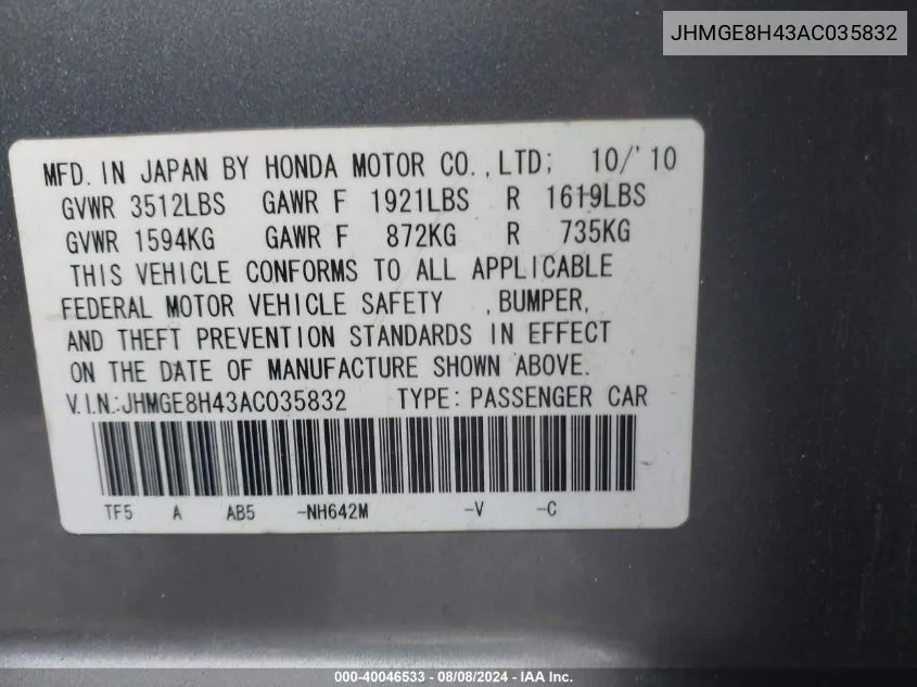 JHMGE8H43AC035832 2010 Honda Fit Sport