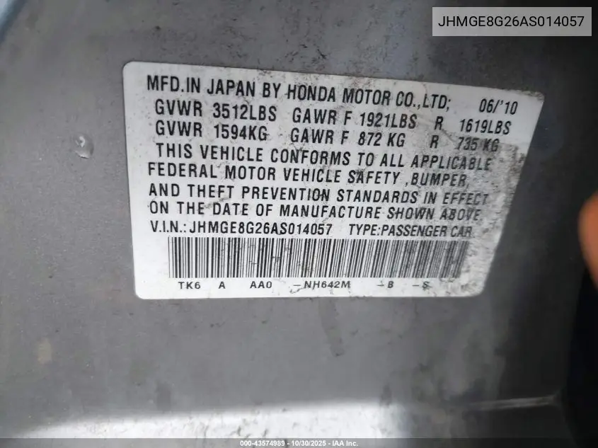 JHMGE8G26AS014057 2010 Honda Fit