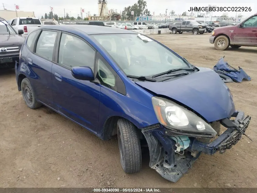 2012 Honda Fit VIN: JHMGE8G38CC022926 Lot: 39340090