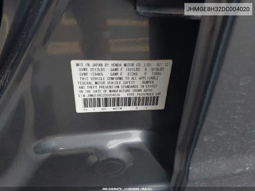 JHMGE8H32DC004020 2013 Honda Fit