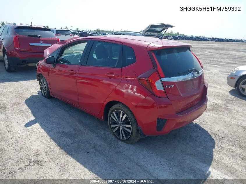 2015 Honda Fit Ex/Ex-L VIN: 3HGGK5H81FM759392 Lot: 40037007