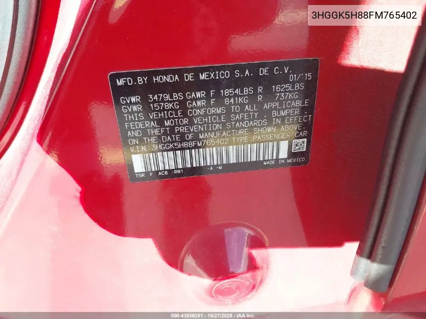 3HGGK5H88FM765402 2015 Honda Fit Ex/Ex-L