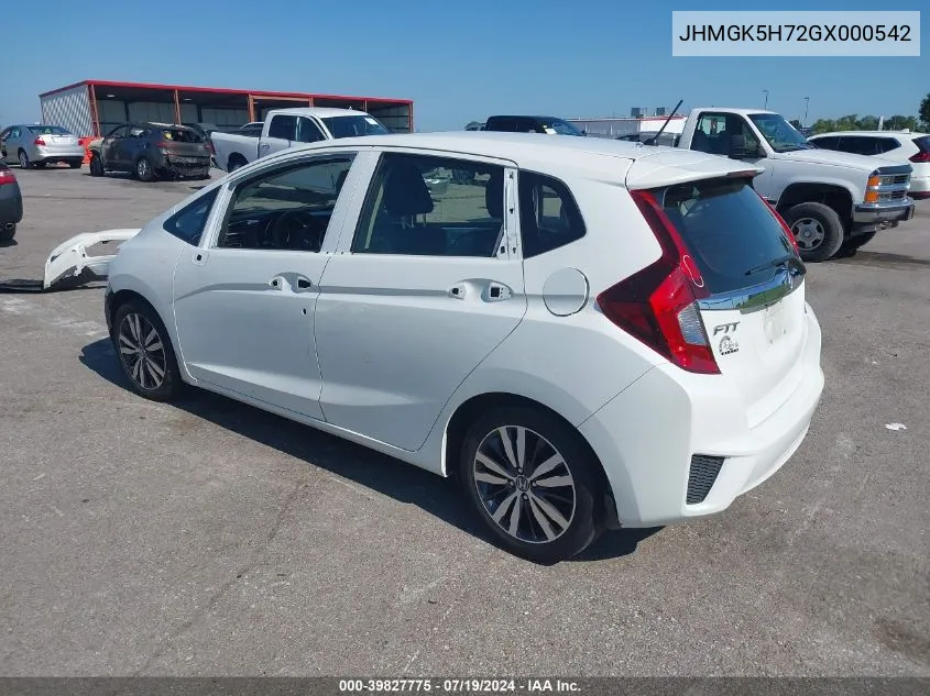 2016 Honda Fit Ex/Exl VIN: JHMGK5H72GX000542 Lot: 39827775